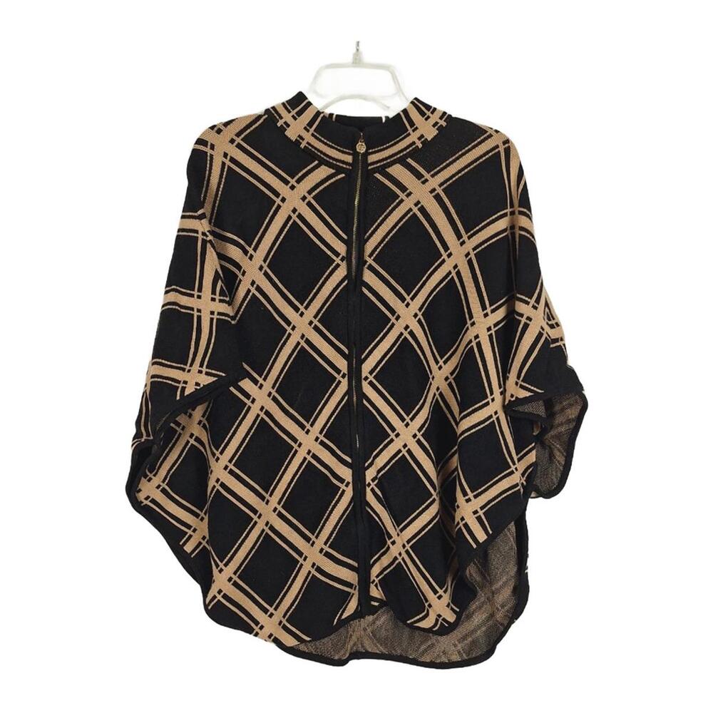Anne Klein Womens Black Tan Plaid Zip Front Poncho Cape Knit Wrap High Low Hem